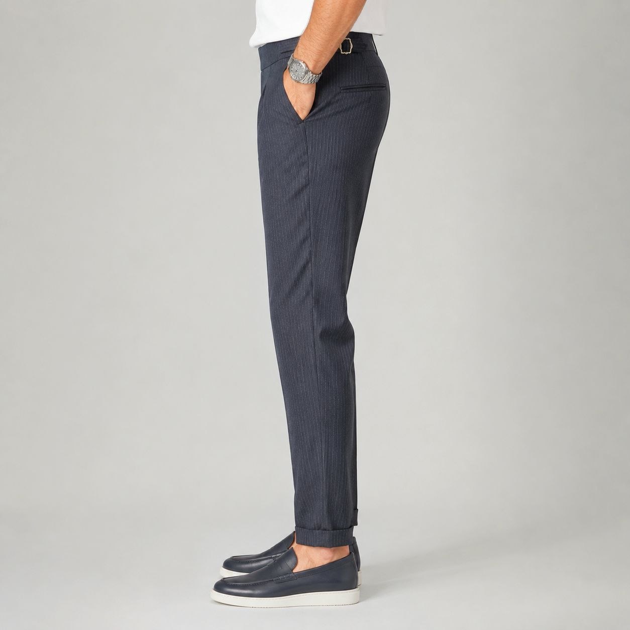 Navy monaco stripe formal trouser in navy | Flamingo Fits