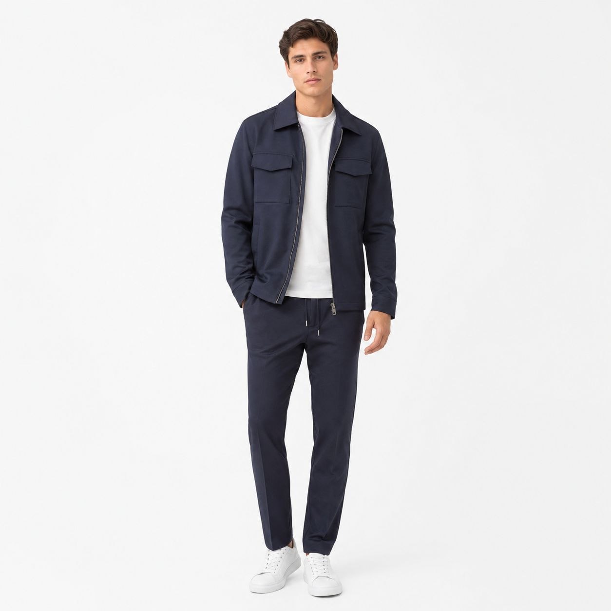 Navy executive zip-up tailored set in navy | Flamingo Fits