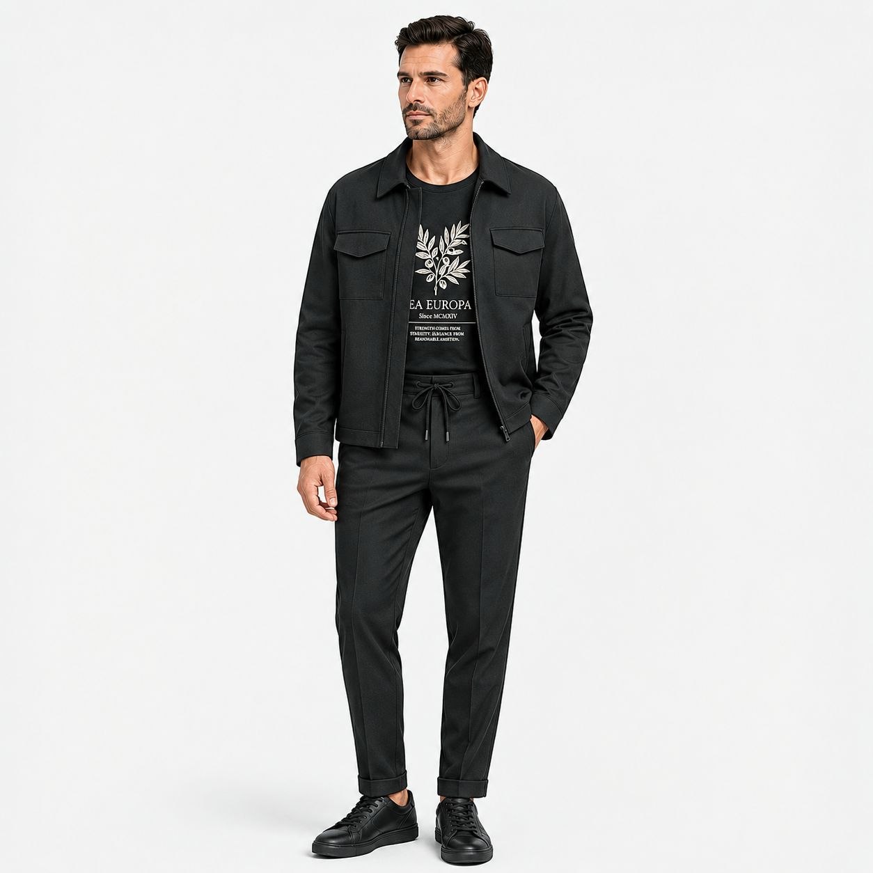 Black executive zip-up tailored set in black | Flamingo Fits