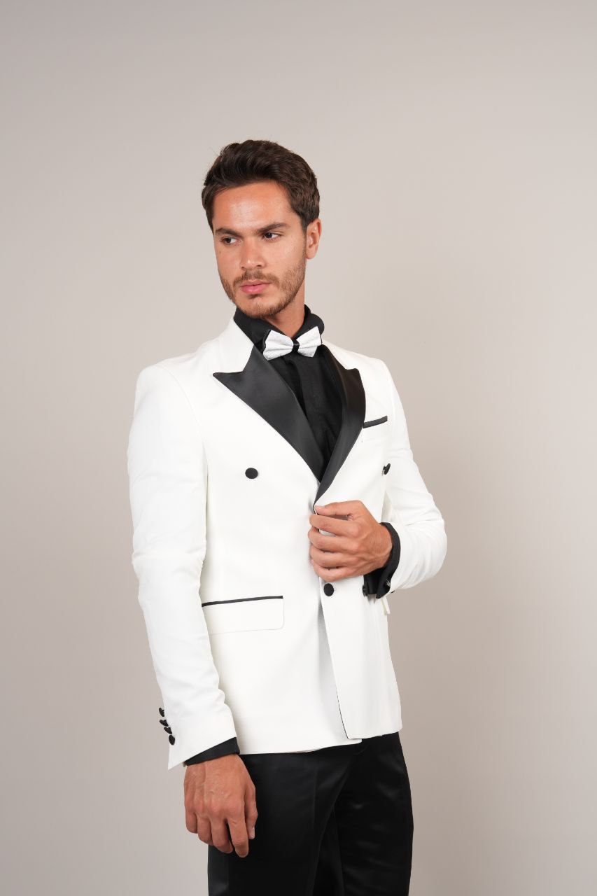 double breasted white stretch tuxedo