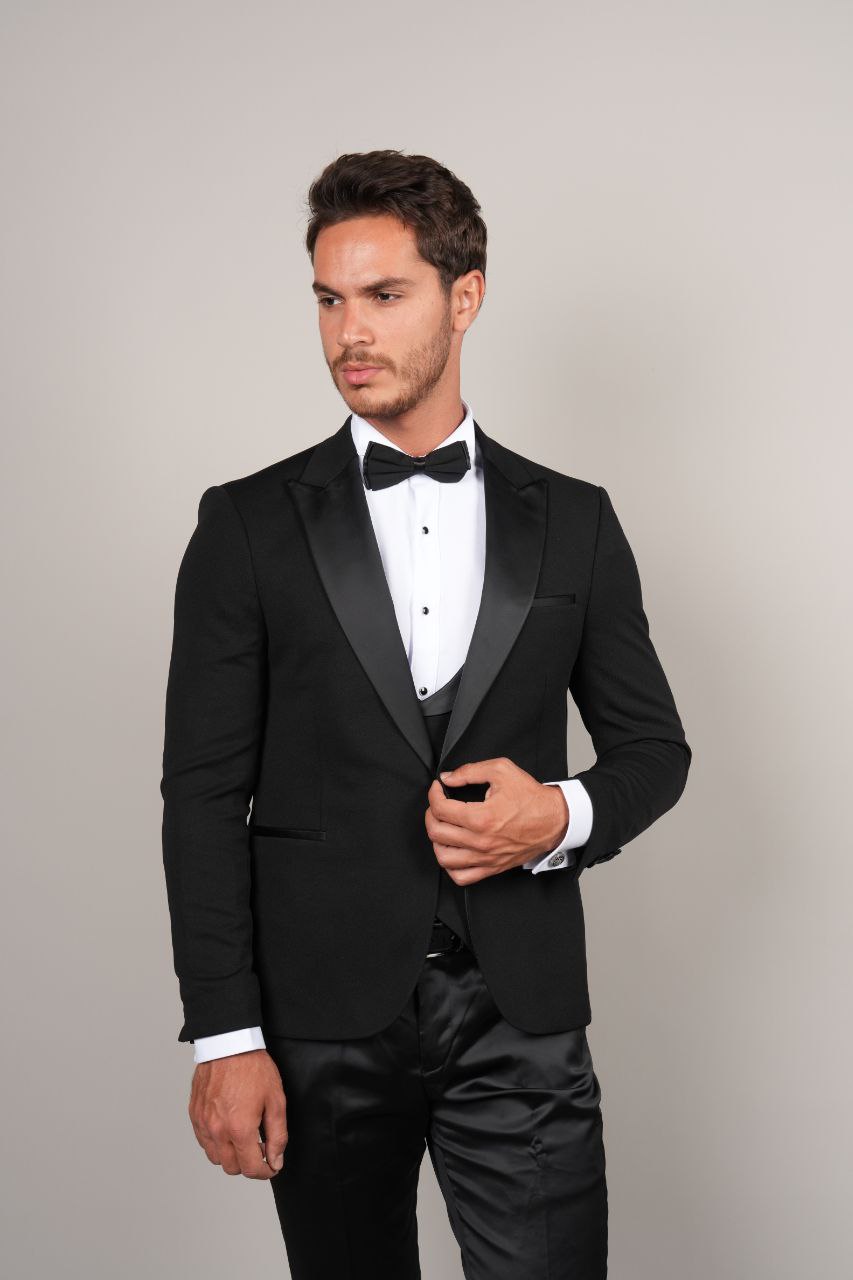 One Buttoned Black Hacket Tuxedo