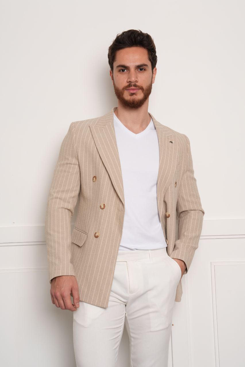 Marko pinstripe beige double-breasted blazer in beij | Flamingo Fits