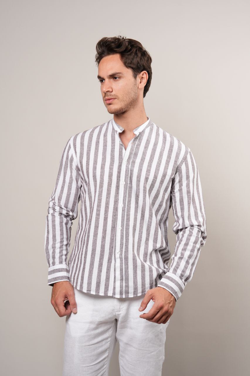 Brown stripped mandarin linen shirt in brown | Flamingo Fits