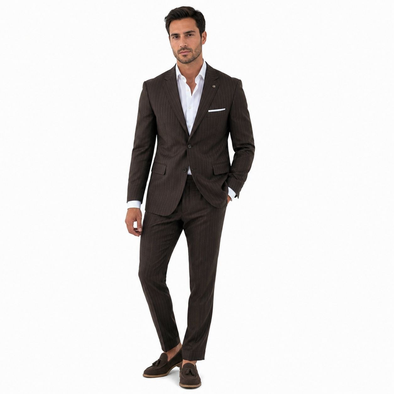 Brown monarch stripe two-button suit in brown | Flamingo Fits
