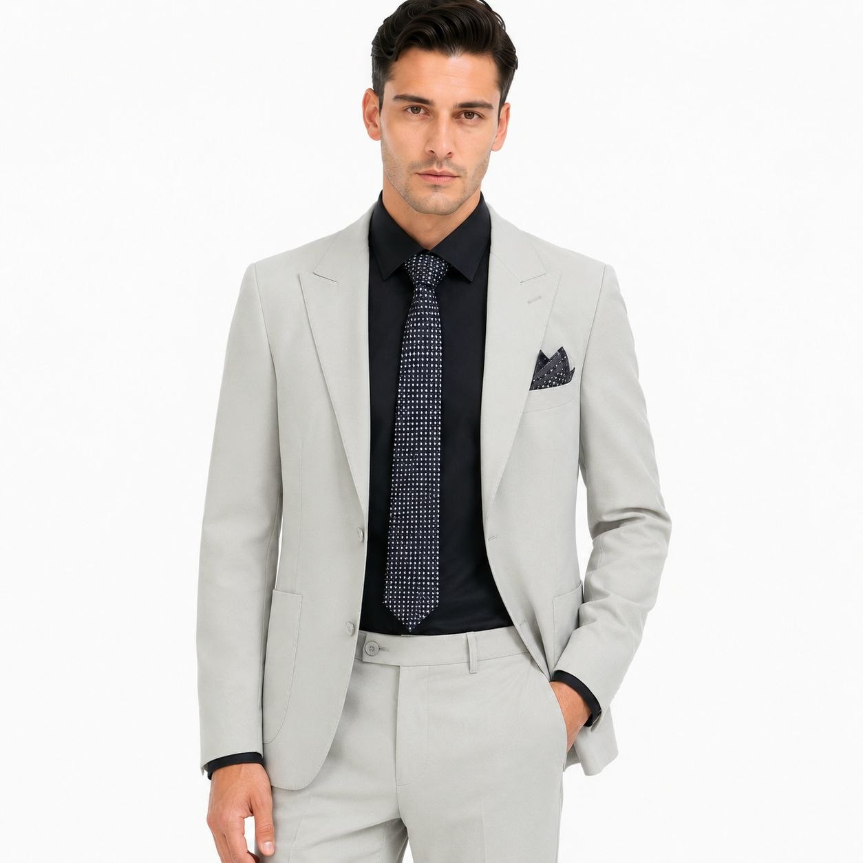 Light grey prestige double-breasted suit in LIGHT GREY | Flamingo Fits