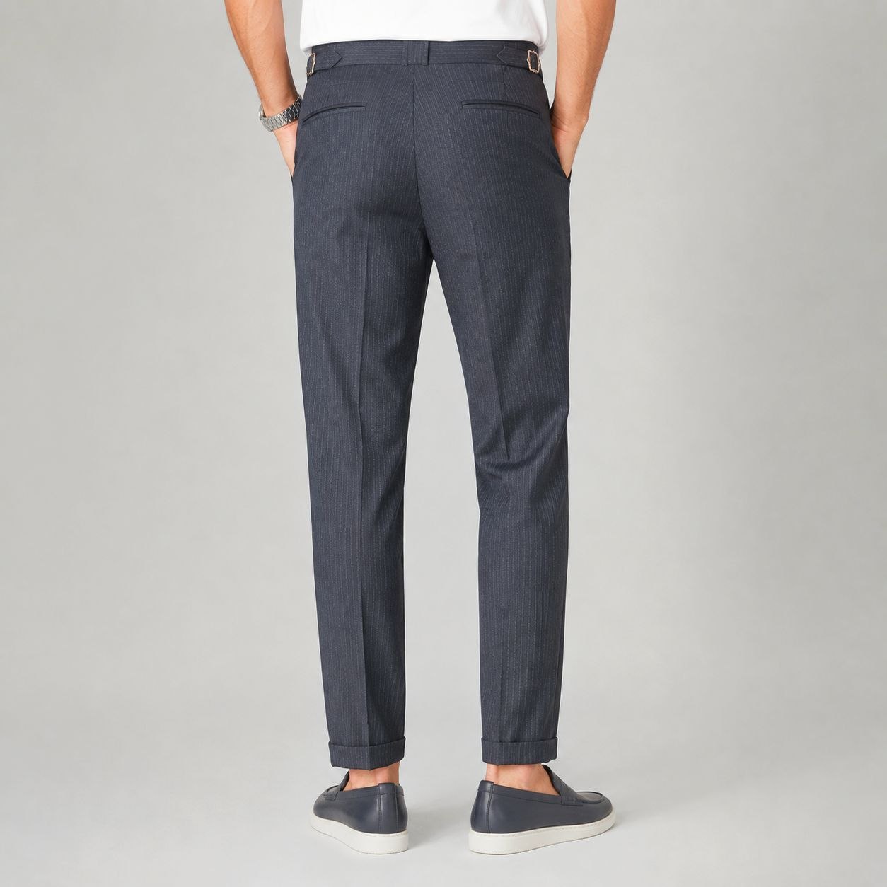 Navy monaco stripe formal trouser in navy | Flamingo Fits