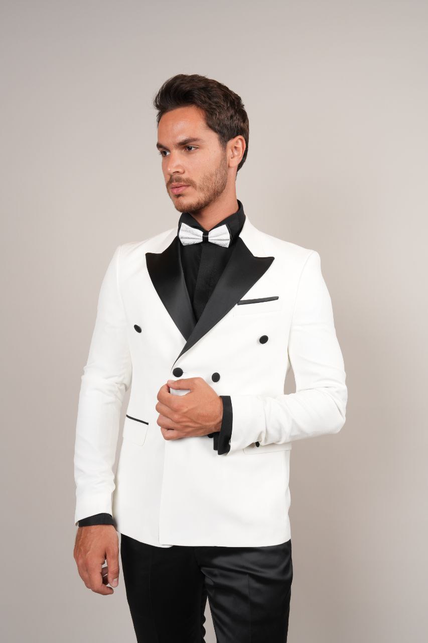 double breasted white stretch tuxedo