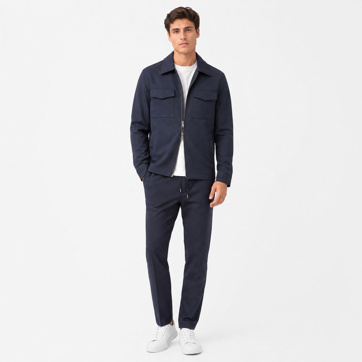 Navy executive zip-up tailored set in navy | Flamingo Fits